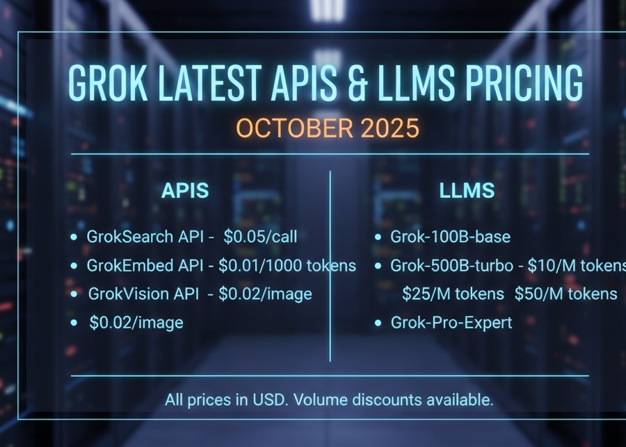 Grok Latest APIs and LLMs Pricing October 2025